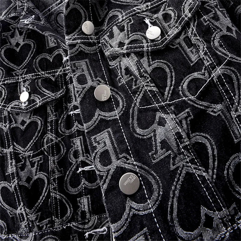 Jeans Jacket Women Heart Shaped Print Fashion Pocket Lapel Black Short Denim Jackets Female Spring Autumn Loose Jeans Coat - 𝐃𝐔𝐕𝐋𝐀𝐒𝐇𝐎𝐏
