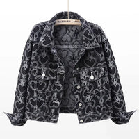 Jeans Jacket Women Heart Shaped Print Fashion Pocket Lapel Black Short Denim Jackets Female Spring Autumn Loose Jeans Coat - 𝐃𝐔𝐕𝐋𝐀𝐒𝐇𝐎𝐏