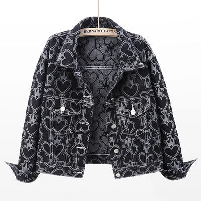 Jeans Jacket Women Heart Shaped Print Fashion Pocket Lapel Black Short Denim Jackets Female Spring Autumn Loose Jeans Coat - 𝐃𝐔𝐕𝐋𝐀𝐒𝐇𝐎𝐏