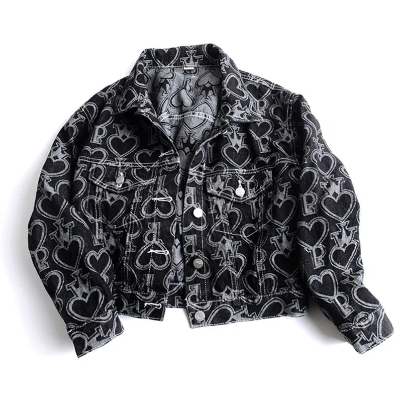 Jeans Jacket Women Heart Shaped Print Fashion Pocket Lapel Black Short Denim Jackets Female Spring Autumn Loose Jeans Coat - 𝐃𝐔𝐕𝐋𝐀𝐒𝐇𝐎𝐏