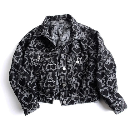 Jeans Jacket Women Heart Shaped Print Fashion Pocket Lapel Black Short Denim Jackets Female Spring Autumn Loose Jeans Coat - 𝐃𝐔𝐕𝐋𝐀𝐒𝐇𝐎𝐏