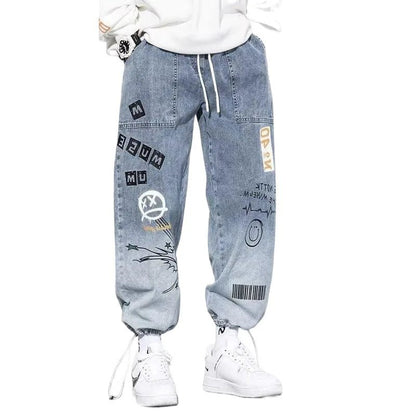 Korean Clothing Men Letter Printed Jeans High Waisted Baggy Jeans Cartoon Graffiti Hip - Hop Pants Blue Jeans - 𝐝𝐮𝐯𝐥𝐚𝐬𝐡𝐨𝐩.𝐜𝐨𝐦