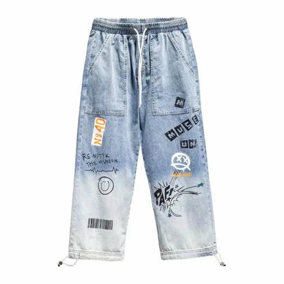 Korean Clothing Men Letter Printed Jeans High Waisted Baggy Jeans Cartoon Graffiti Hip - Hop Pants Blue Jeans - 𝐝𝐮𝐯𝐥𝐚𝐬𝐡𝐨𝐩.𝐜𝐨𝐦