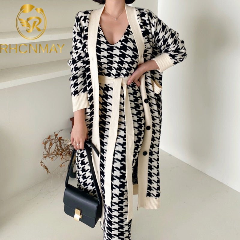Korean Sweater Set Fashion Vintage Style V - Neck Long Knitted Sweater Coat + Houndstooth Vest Dress Female Two - Piece Suit - 𝐃𝐔𝐕𝐋𝐀𝐒𝐇𝐎𝐏