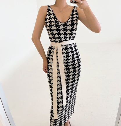 Korean Sweater Set Fashion Vintage Style V - Neck Long Knitted Sweater Coat + Houndstooth Vest Dress Female Two - Piece Suit - 𝐃𝐔𝐕𝐋𝐀𝐒𝐇𝐎𝐏