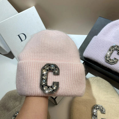 Luxury Rhinestone Letter C Knitted Hat Real Rabbit Fur Women Men Winter Warm Beanie Ear Protection Sking Skullies Beanies Cap - 𝐝𝐮𝐯𝐥𝐚𝐬𝐡𝐨𝐩.𝐜𝐨𝐦