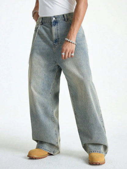 Manfinity EMRG Men's Light Blue Washed Retro Loose Wide Leg Jeans - 𝐃𝐔𝐕𝐋𝐀𝐒𝐇𝐎𝐏