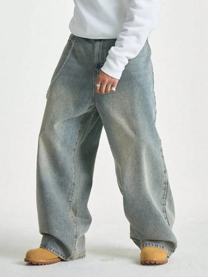 Manfinity EMRG Men's Light Blue Washed Retro Loose Wide Leg Jeans - 𝐃𝐔𝐕𝐋𝐀𝐒𝐇𝐎𝐏