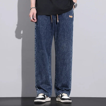 Men Dark Blue Blue Stretch Elastic Waist Denim Pants Streetwear Loose Full Length Trousers Straight Wide Leg Drawstring Jeans - 𝐝𝐮𝐯𝐥𝐚𝐬𝐡𝐨𝐩.𝐜𝐨𝐦