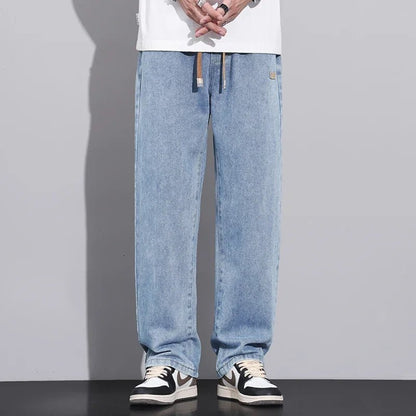 Men Dark Blue Blue Stretch Elastic Waist Denim Pants Streetwear Loose Full Length Trousers Straight Wide Leg Drawstring Jeans - 𝐝𝐮𝐯𝐥𝐚𝐬𝐡𝐨𝐩.𝐜𝐨𝐦