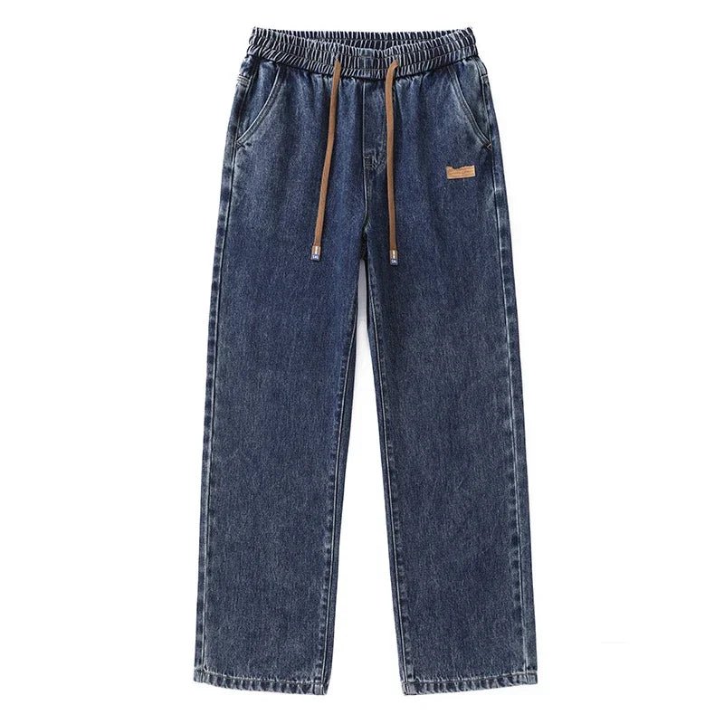 Men Dark Blue Blue Stretch Elastic Waist Denim Pants Streetwear Loose Full Length Trousers Straight Wide Leg Drawstring Jeans - 𝐃𝐔𝐕𝐋𝐀𝐒𝐇𝐎𝐏