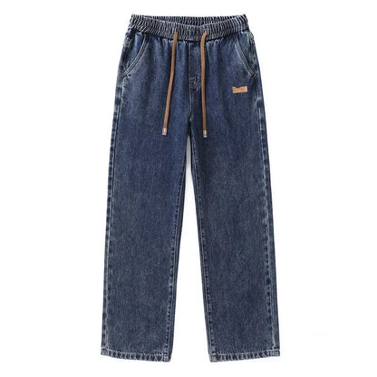 Men Dark Blue Blue Stretch Elastic Waist Denim Pants Streetwear Loose Full Length Trousers Straight Wide Leg Drawstring Jeans - 𝐃𝐔𝐕𝐋𝐀𝐒𝐇𝐎𝐏