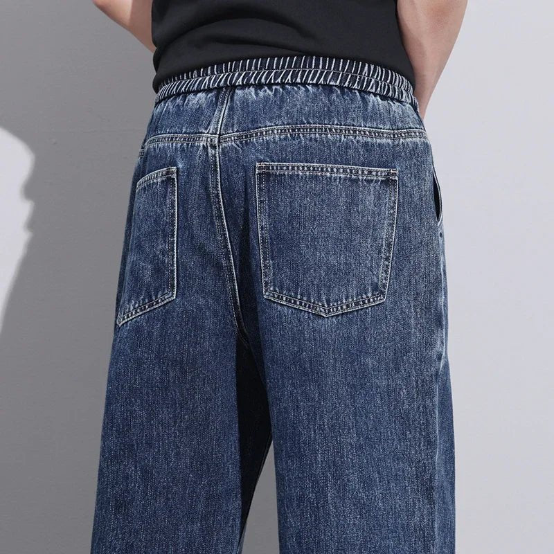 Men Dark Blue Blue Stretch Elastic Waist Denim Pants Streetwear Loose Full Length Trousers Straight Wide Leg Drawstring Jeans - 𝐝𝐮𝐯𝐥𝐚𝐬𝐡𝐨𝐩.𝐜𝐨𝐦