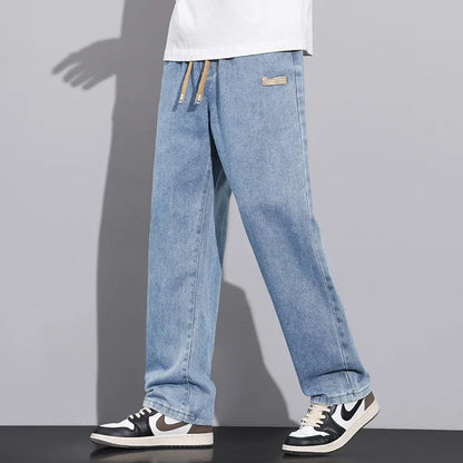 Men Dark Blue Blue Stretch Elastic Waist Denim Pants Streetwear Loose Full Length Trousers Straight Wide Leg Drawstring Jeans - 𝐃𝐔𝐕𝐋𝐀𝐒𝐇𝐎𝐏