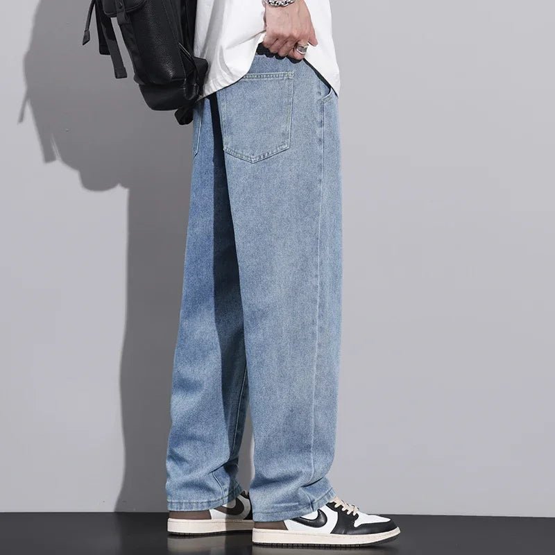 Men Dark Blue Blue Stretch Elastic Waist Denim Pants Streetwear Loose Full Length Trousers Straight Wide Leg Drawstring Jeans - 𝐃𝐔𝐕𝐋𝐀𝐒𝐇𝐎𝐏