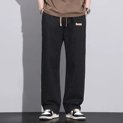 Men Dark Blue Blue Stretch Elastic Waist Denim Pants Streetwear Loose Full Length Trousers Straight Wide Leg Drawstring Jeans - 𝐃𝐔𝐕𝐋𝐀𝐒𝐇𝐎𝐏