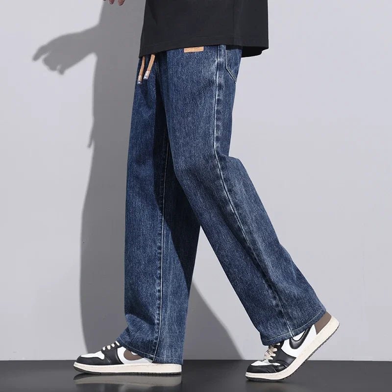 Men Dark Blue Blue Stretch Elastic Waist Denim Pants Streetwear Loose Full Length Trousers Straight Wide Leg Drawstring Jeans - 𝐃𝐔𝐕𝐋𝐀𝐒𝐇𝐎𝐏