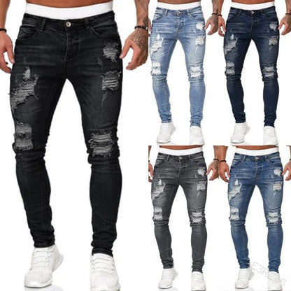 Men Jeans Knee Hole Ripped Stretch Skinny Denim Pants Solid Color Black Blue Autumn Summer Hip - Hop Style Slim Fit Trousers S - 4XL - 𝐝𝐮𝐯𝐥𝐚𝐬𝐡𝐨𝐩.𝐜𝐨𝐦