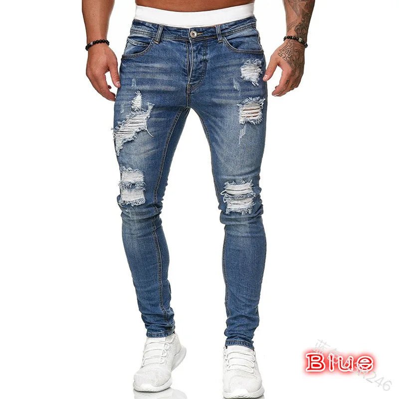 Men Jeans Knee Hole Ripped Stretch Skinny Denim Pants Solid Color Black Blue Autumn Summer Hip - Hop Style Slim Fit Trousers S - 4XL - 𝐃𝐔𝐕𝐋𝐀𝐒𝐇𝐎𝐏