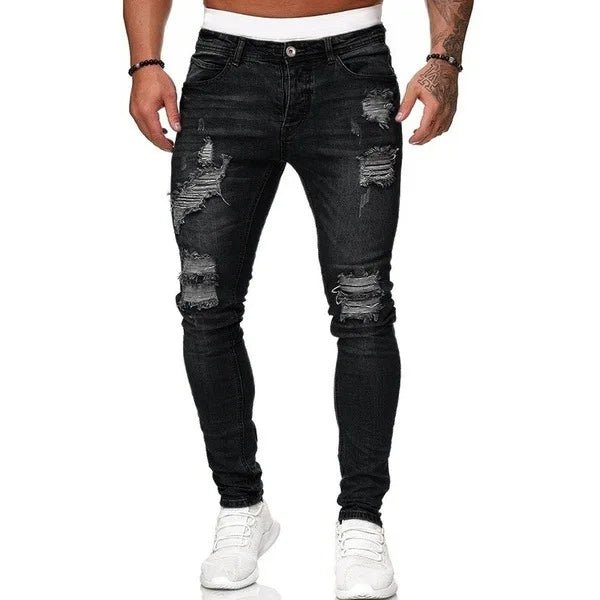 Men Jeans Knee Hole Ripped Stretch Skinny Denim Pants Solid Color Black Blue Autumn Summer Hip - Hop Style Slim Fit Trousers S - 4XL - 𝐃𝐔𝐕𝐋𝐀𝐒𝐇𝐎𝐏