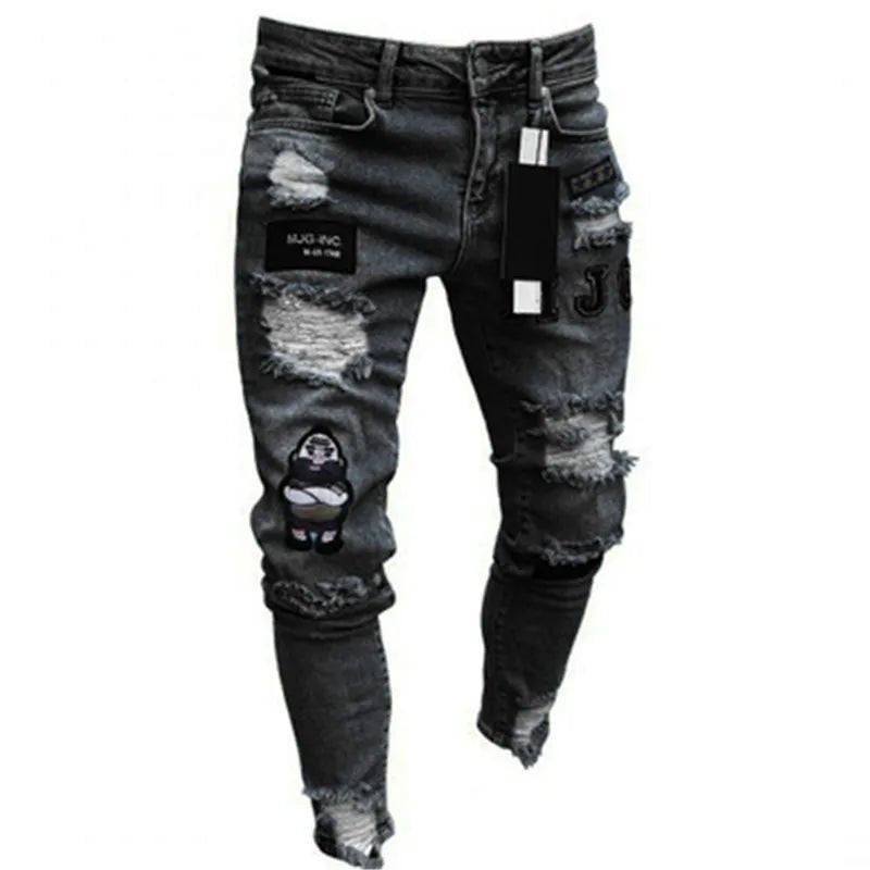 Men Jeans Knee Hole Ripped Stretch Skinny Denim Pants Solid Color Black Blue Autumn Summer Hip - Hop Style Slim Fit Trousers S - 4XL - 𝐃𝐔𝐕𝐋𝐀𝐒𝐇𝐎𝐏