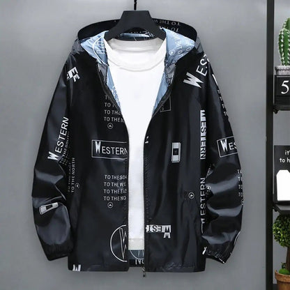 Men Windbreakers Hooded Jacket Zipper Closure Anti - UV Breathable Windproof Elastic Cuff Letter Print Cool Coat Male Outerwear - 𝐃𝐔𝐕𝐋𝐀𝐒𝐇𝐎𝐏