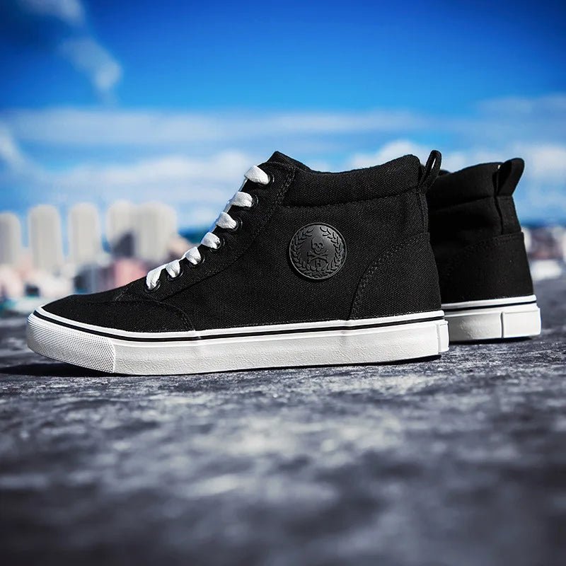 Men's High - Top Canvas Sneakers Slip - On Lace - Up Casual All - Black Basic Skate Shoes for Students Flat Sole Comfortable Sport Shoes - 𝐃𝐔𝐕𝐋𝐀𝐒𝐇𝐎𝐏
