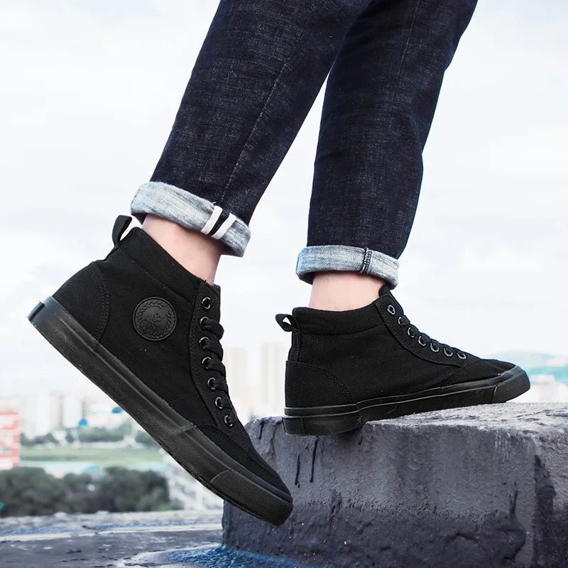 Men's High - Top Canvas Sneakers Slip - On Lace - Up Casual All - Black Basic Skate Shoes for Students Flat Sole Comfortable Sport Shoes - 𝐃𝐔𝐕𝐋𝐀𝐒𝐇𝐎𝐏