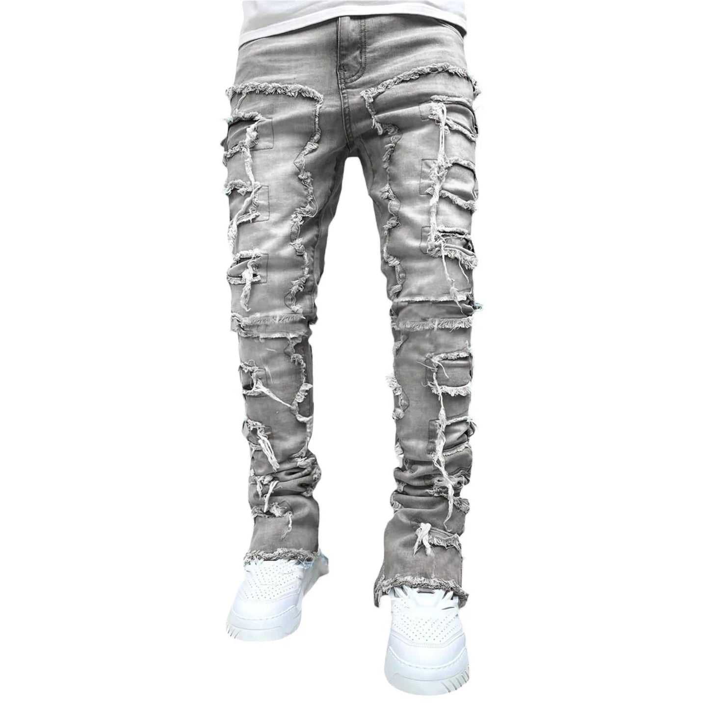 Men's Regular Fit Stacked Jeans Ripped Slim Fit Patch Distressed Destroyed Straight Denim Pants Hip Hop Streetwear Trouser Cloth - 𝐝𝐮𝐯𝐥𝐚𝐬𝐡𝐨𝐩.𝐜𝐨𝐦