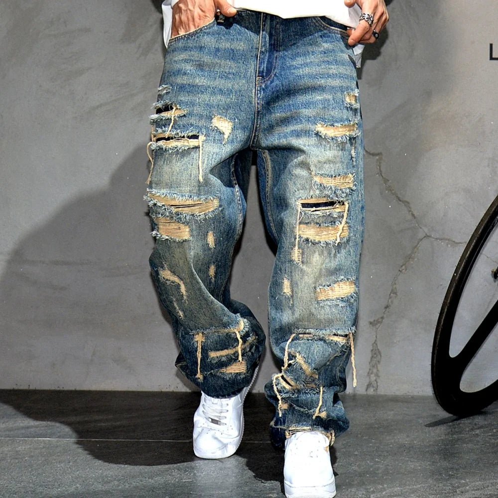 Mens Ripped Baggy Jeans Distressed Denim Streetwear Skateboard Pants Straight Leg Patchwork Oversized Urban Fashion Workwear - 𝐃𝐔𝐕𝐋𝐀𝐒𝐇𝐎𝐏