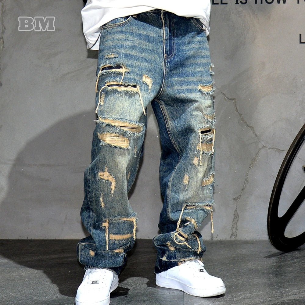 Mens Ripped Baggy Jeans Distressed Denim Streetwear Skateboard Pants Straight Leg Patchwork Oversized Urban Fashion Workwear - 𝐝𝐮𝐯𝐥𝐚𝐬𝐡𝐨𝐩.𝐜𝐨𝐦