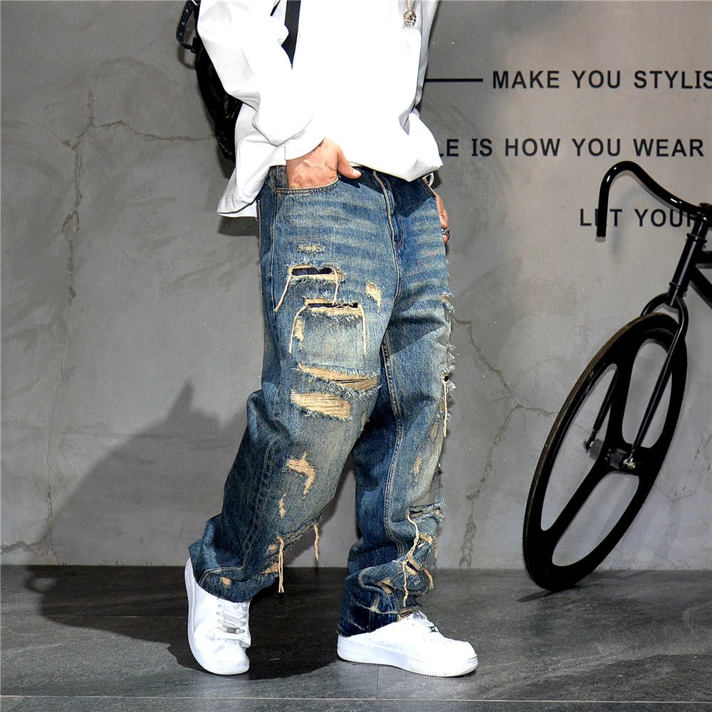 Mens Ripped Baggy Jeans Distressed Denim Streetwear Skateboard Pants Straight Leg Patchwork Oversized Urban Fashion Workwear - 𝐝𝐮𝐯𝐥𝐚𝐬𝐡𝐨𝐩.𝐜𝐨𝐦