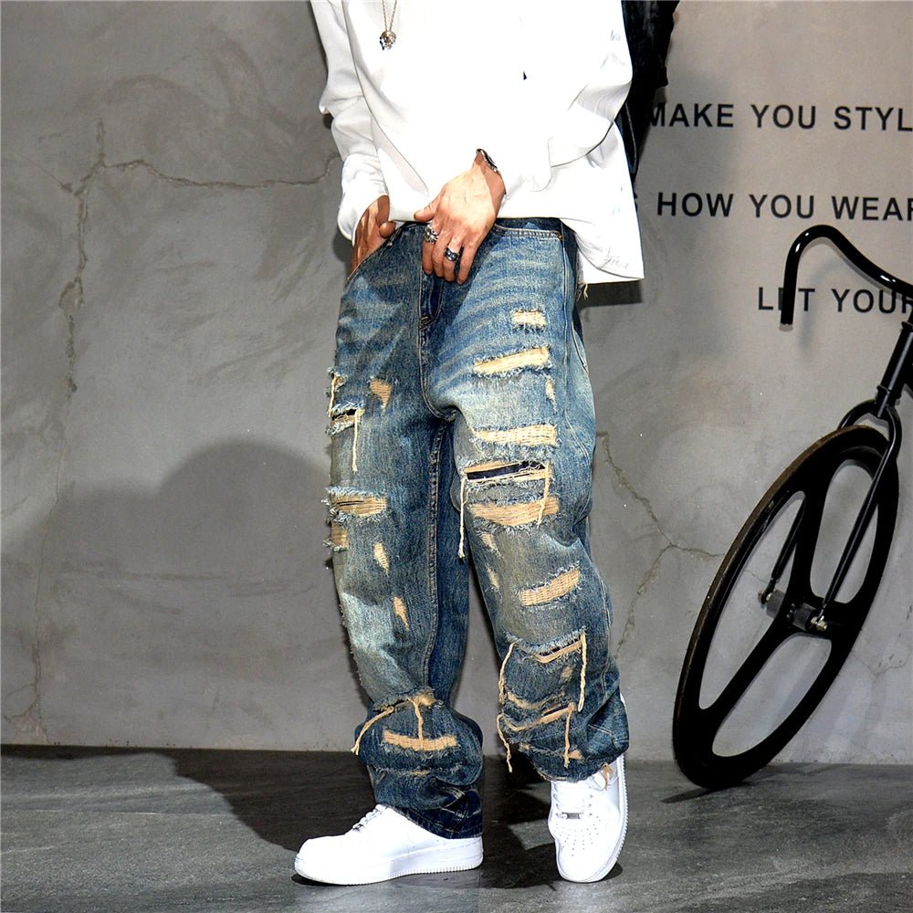 Mens Ripped Baggy Jeans Distressed Denim Streetwear Skateboard Pants Straight Leg Patchwork Oversized Urban Fashion Workwear - 𝐝𝐮𝐯𝐥𝐚𝐬𝐡𝐨𝐩.𝐜𝐨𝐦