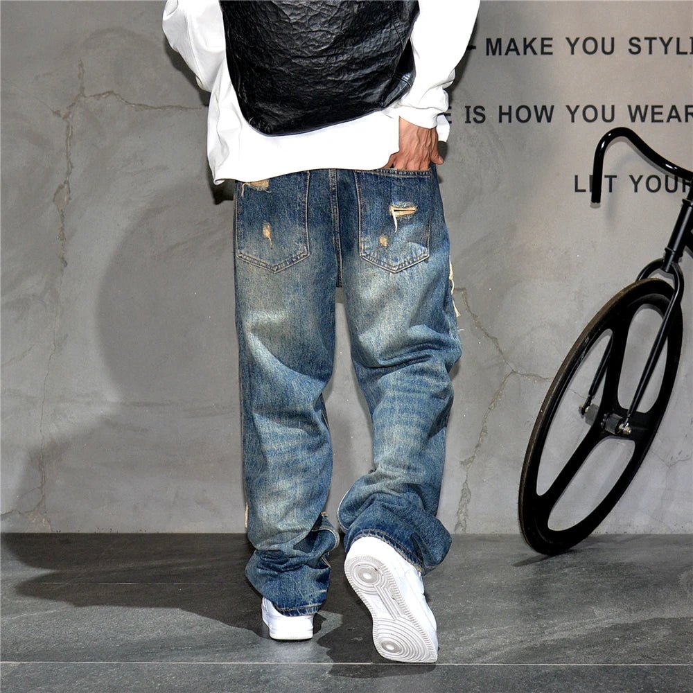 Mens Ripped Baggy Jeans Distressed Denim Streetwear Skateboard Pants Straight Leg Patchwork Oversized Urban Fashion Workwear - 𝐃𝐔𝐕𝐋𝐀𝐒𝐇𝐎𝐏