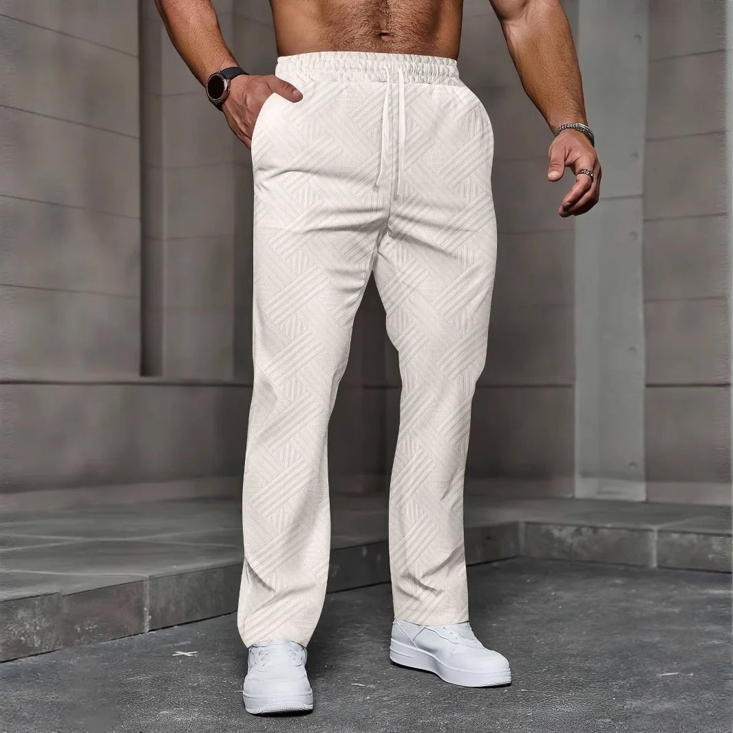 Men's sporty casual trousers, fashionable jacquard elastic waist street pants, solid - color loose all - season pants - 𝐝𝐮𝐯𝐥𝐚𝐬𝐡𝐨𝐩.𝐜𝐨𝐦