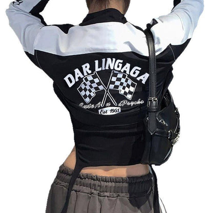 Motorcycle Style Cool Spicy Workwear Stand Collar Zipper Short Jacket Letter Print Color Block Slim Top Outerwear - 𝐃𝐔𝐕𝐋𝐀𝐒𝐇𝐎𝐏