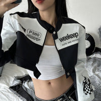 Motorcycle Style Cool Spicy Workwear Stand Collar Zipper Short Jacket Letter Print Color Block Slim Top Outerwear - 𝐃𝐔𝐕𝐋𝐀𝐒𝐇𝐎𝐏