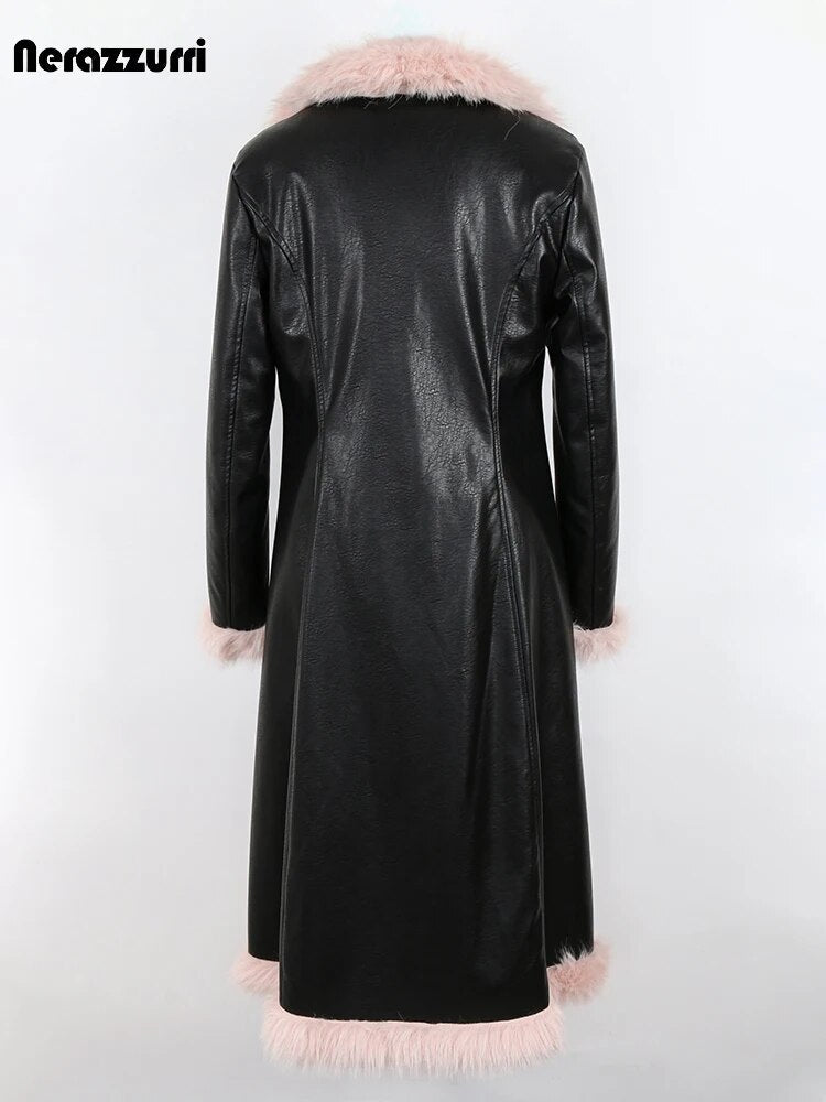 Nerazzurri Winter Long Black Fitted Thick Warm Pu Leather Coat Women with Pink Hairy Shaggy Fluffy Faux Fur Inside Runway Parka - 𝐃𝐔𝐕𝐋𝐀𝐒𝐇𝐎𝐏