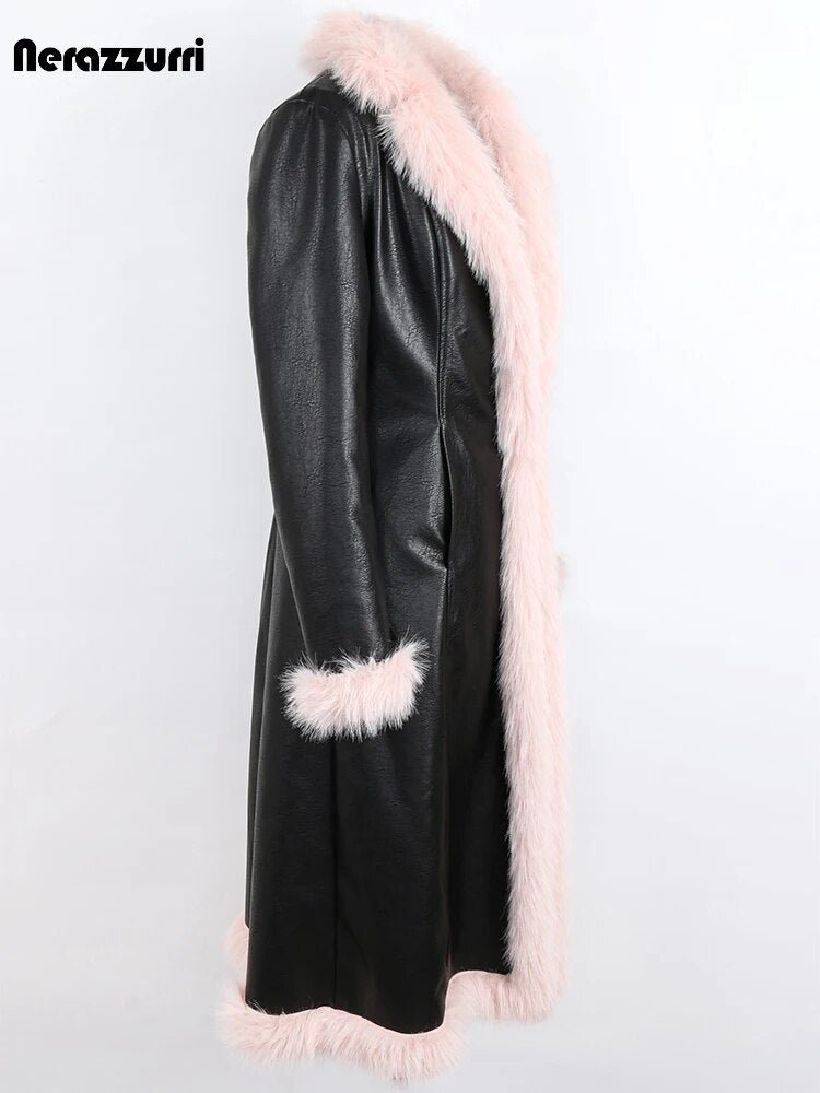 Nerazzurri Winter Long Black Fitted Thick Warm Pu Leather Coat Women with Pink Hairy Shaggy Fluffy Faux Fur Inside Runway Parka - 𝐃𝐔𝐕𝐋𝐀𝐒𝐇𝐎𝐏