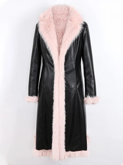 Nerazzurri Winter Long Black Fitted Thick Warm Pu Leather Coat Women with Pink Hairy Shaggy Fluffy Faux Fur Inside Runway Parka - 𝐃𝐔𝐕𝐋𝐀𝐒𝐇𝐎𝐏