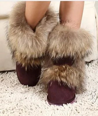 New Fashion Big Fox Fur Woman Snow Boots Lady Winter Boots Genuine Cowhide Leather Mid - calf Warm Boots Women Boots Shoes - 𝐝𝐮𝐯𝐥𝐚𝐬𝐡𝐨𝐩.𝐜𝐨𝐦