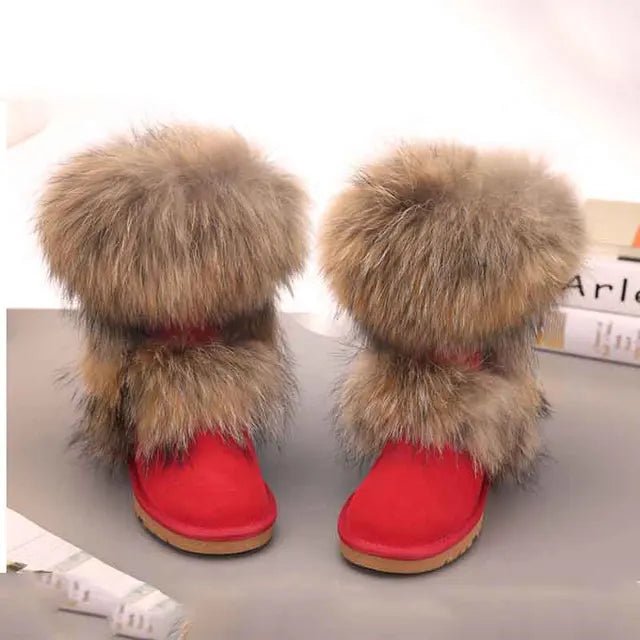 New Fashion Big Fox Fur Woman Snow Boots Lady Winter Boots Genuine Cowhide Leather Mid - calf Warm Boots Women Boots Shoes - 𝐝𝐮𝐯𝐥𝐚𝐬𝐡𝐨𝐩.𝐜𝐨𝐦