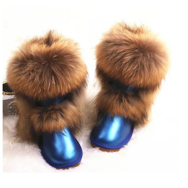 New Fashion Big Fox Fur Woman Snow Boots Lady Winter Boots Genuine Cowhide Leather Mid - calf Warm Boots Women Boots Shoes - 𝐝𝐮𝐯𝐥𝐚𝐬𝐡𝐨𝐩.𝐜𝐨𝐦