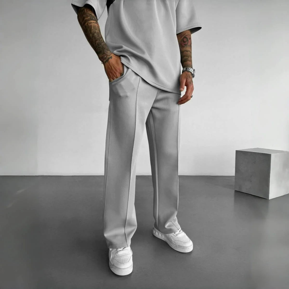 New men's casual pants, stylish and comfortable elastic waist drawstring single - line pleated solid color pocket mops pants - 𝐃𝐔𝐕𝐋𝐀𝐒𝐇𝐎𝐏