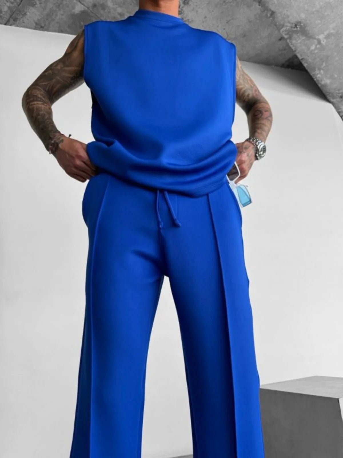 New men's casual pants, stylish and comfortable elastic waist drawstring single - line pleated solid color pocket mops pants - 𝐃𝐔𝐕𝐋𝐀𝐒𝐇𝐎𝐏