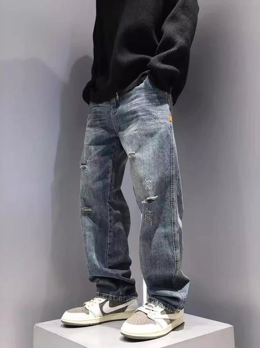 New Men's Ripped Jeans Baggy Straight Fashion Vintage Blue Denim Pants Personality Streetwear Hip Hop High Quality Male Trousers - 𝐃𝐔𝐕𝐋𝐀𝐒𝐇𝐎𝐏