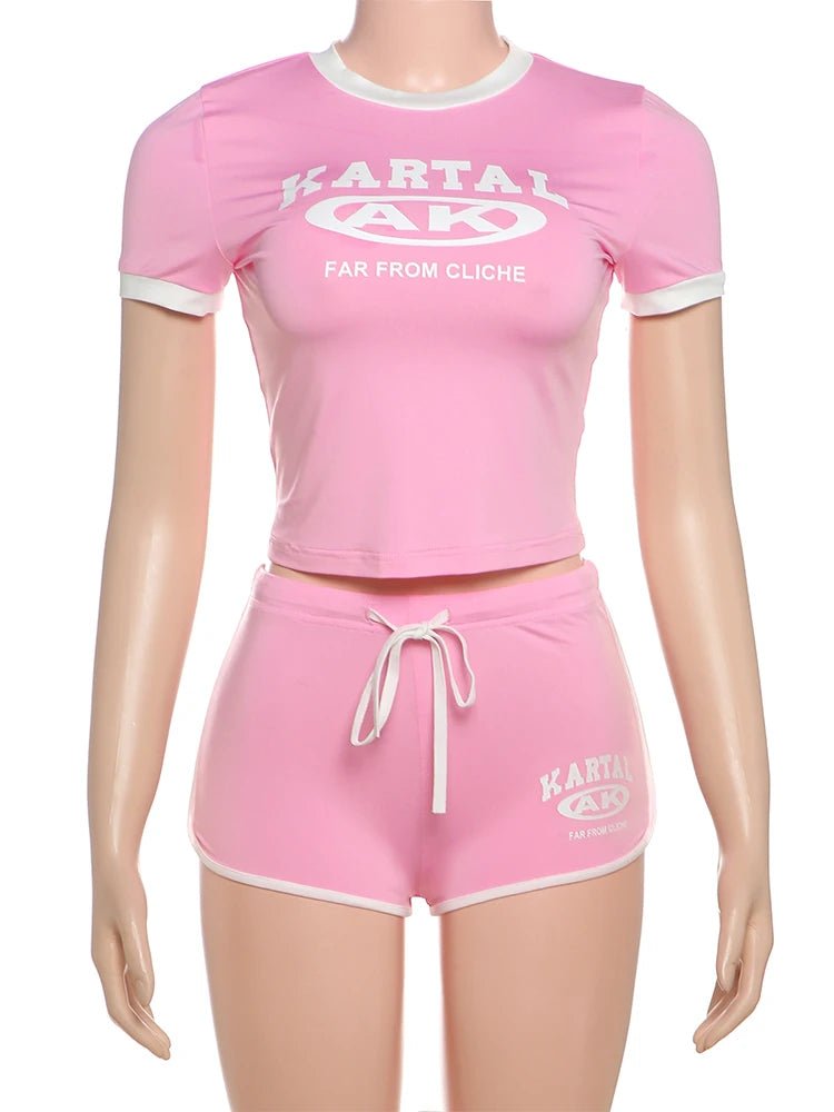 Nibber Tracksuit Letter Print 2 piece Set Women Activity Shorts Sleeve Crop Tops+Biker Shorts Matching Street Stretch Suits - 𝐃𝐔𝐕𝐋𝐀𝐒𝐇𝐎𝐏