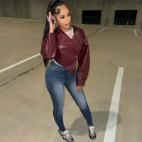 Open navel PU leather solid color casual jacket women's leather jacket - 𝐃𝐔𝐕𝐋𝐀𝐒𝐇𝐎𝐏