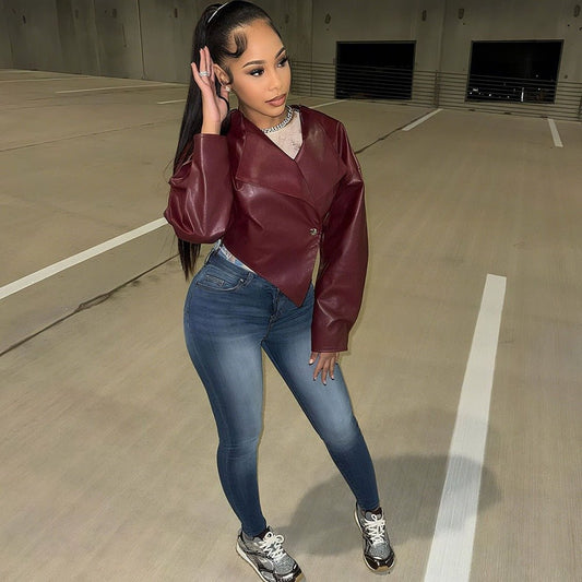 Open navel PU leather solid color casual jacket women's leather jacket - 𝐃𝐔𝐕𝐋𝐀𝐒𝐇𝐎𝐏