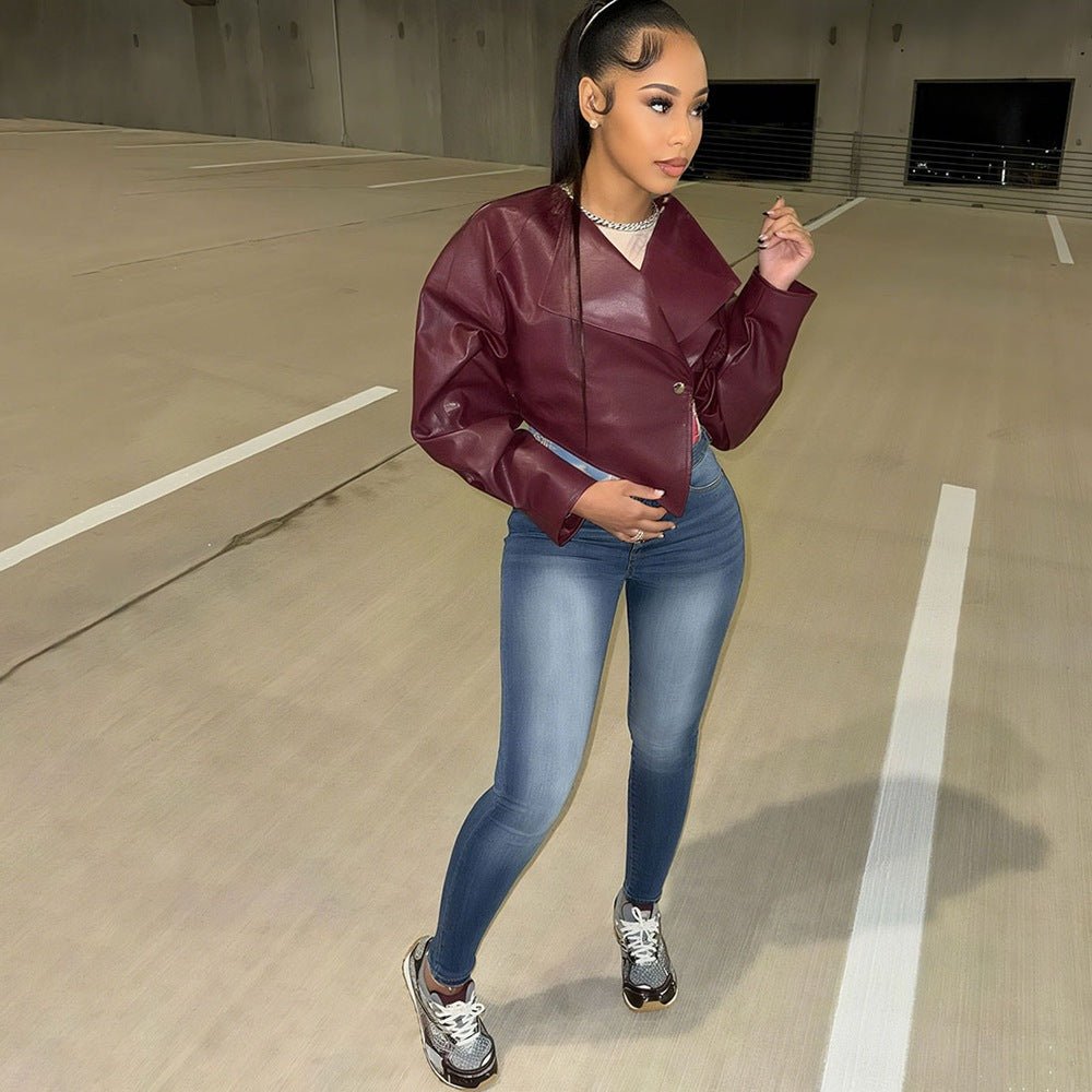 Open navel PU leather solid color casual jacket women's leather jacket - 𝐃𝐔𝐕𝐋𝐀𝐒𝐇𝐎𝐏